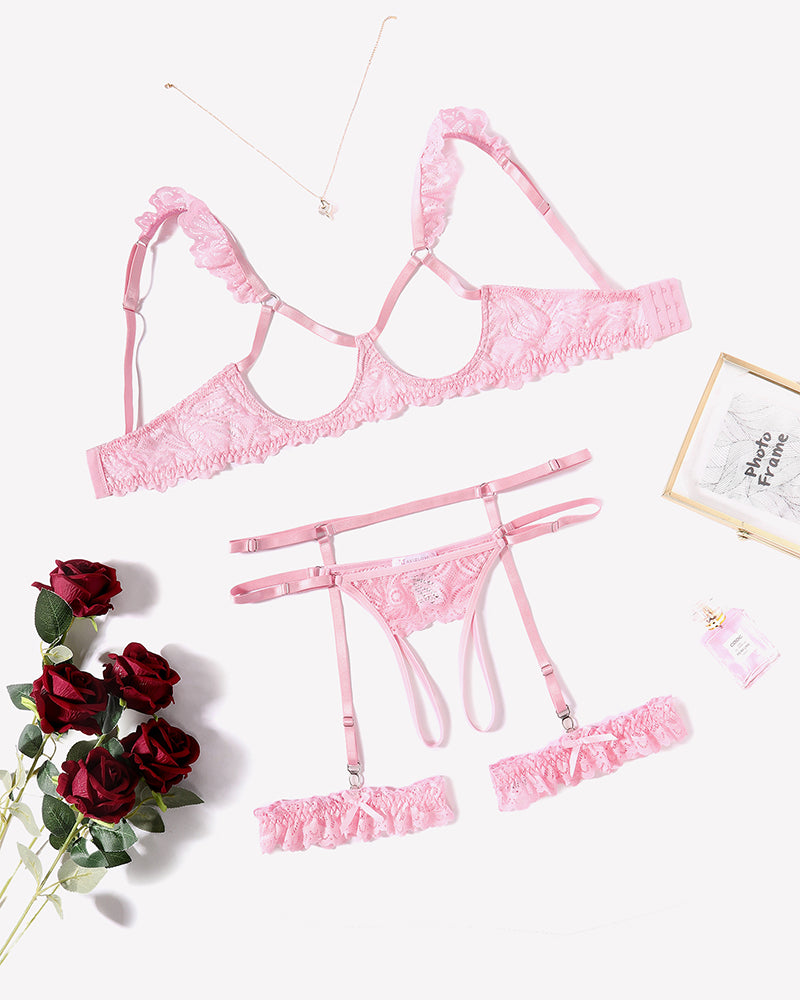 Pink lace bra and garter panty lingerie set with ruffled trim