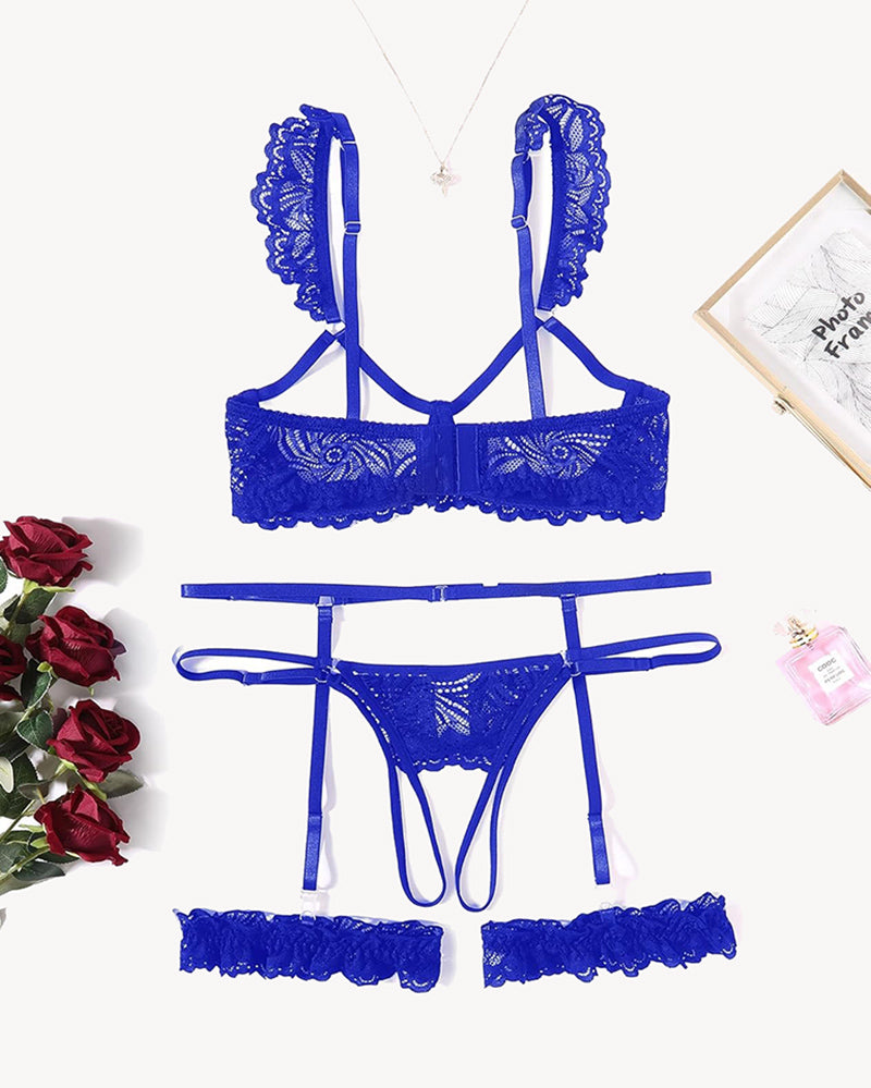 Blue floral lace bra, panty and garter set with ruffled edges and straps