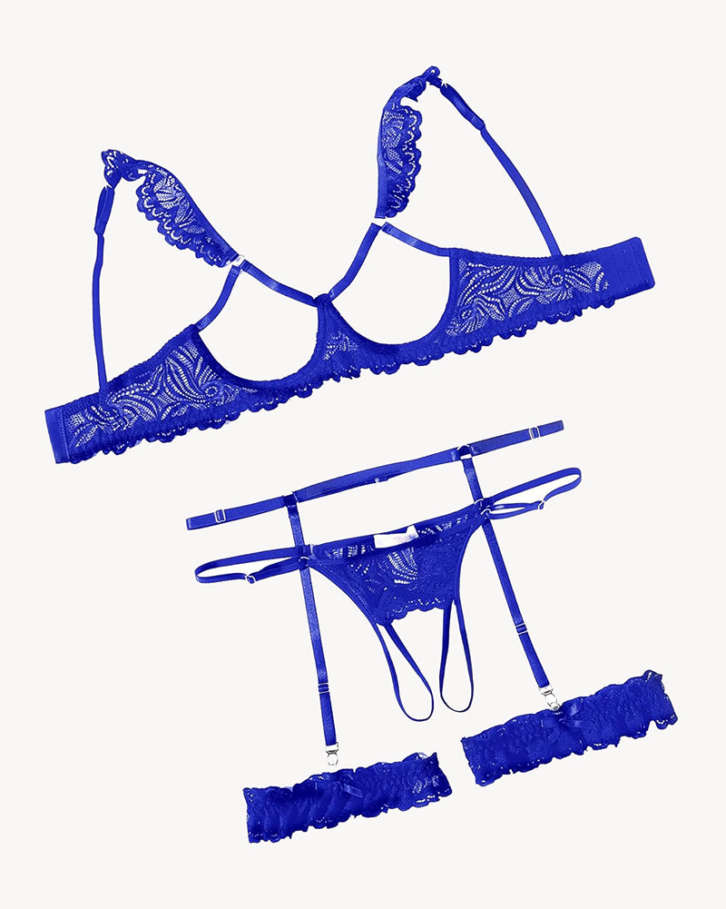 Blue floral lace bra, garter belt and thong with adjustable shoulder straps