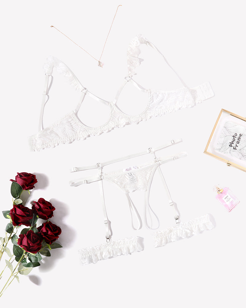 White lace bra and garter panty lingerie set with ruffled trim