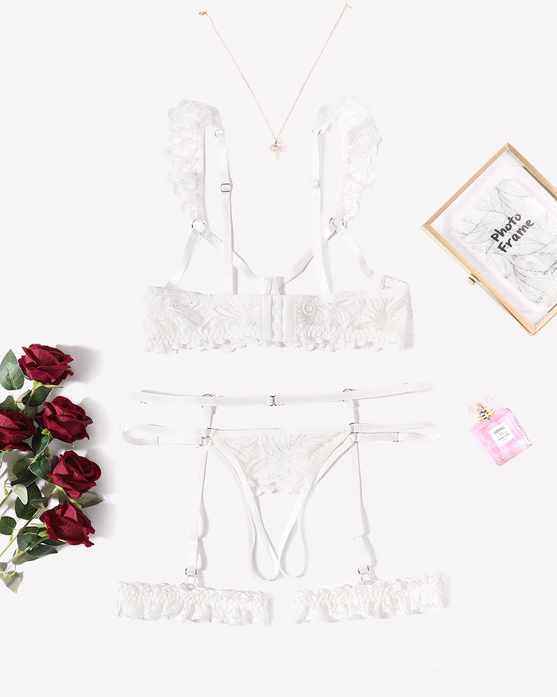 White floral lace bra, panty and garter set with adjustable straps