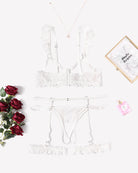 White floral lace bra, panty and garter set with adjustable straps