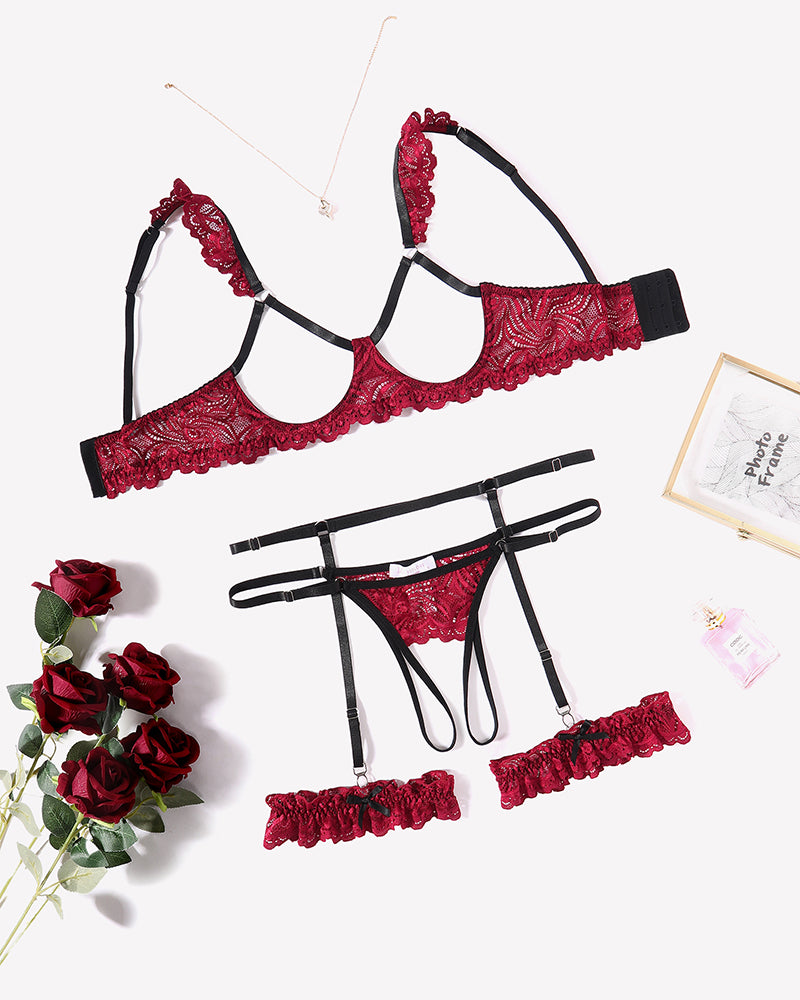 Wine red floral lace bra and panty garter set with black straps and bows