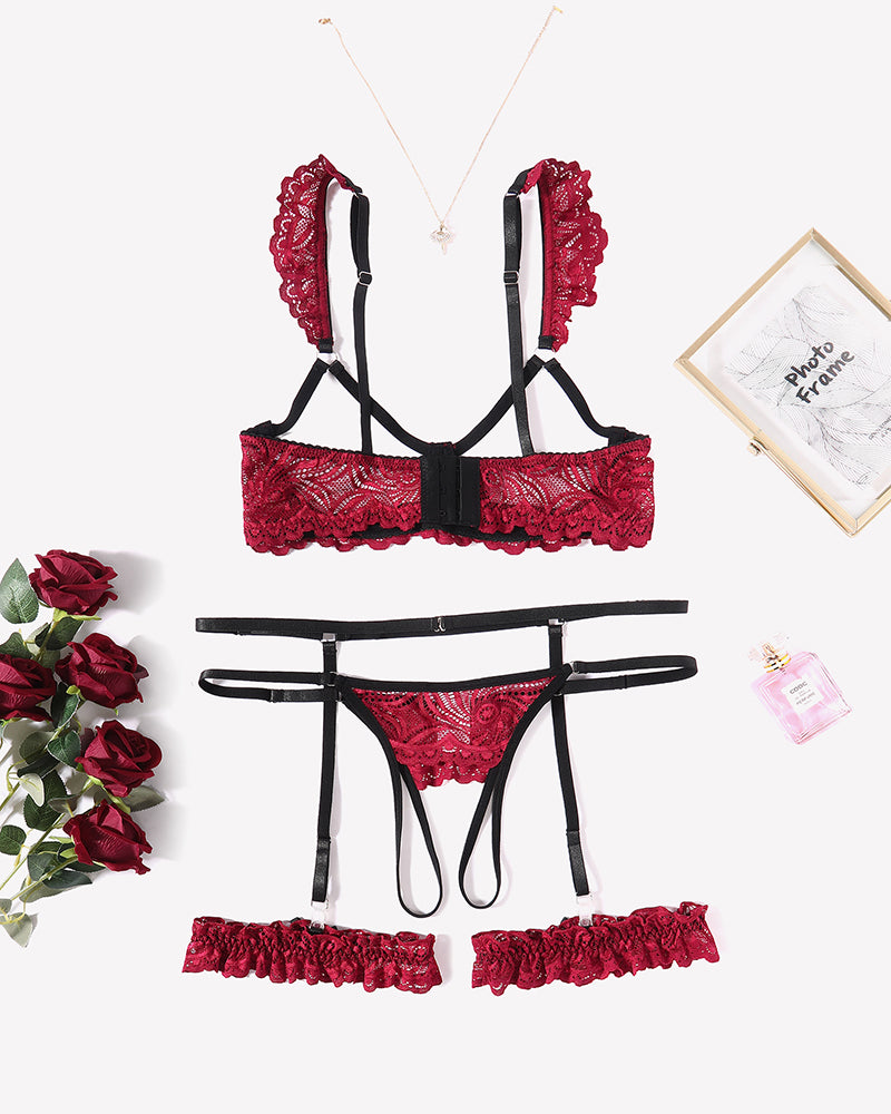 Wine red floral lace bra, thong-style panty and garter set with black trim