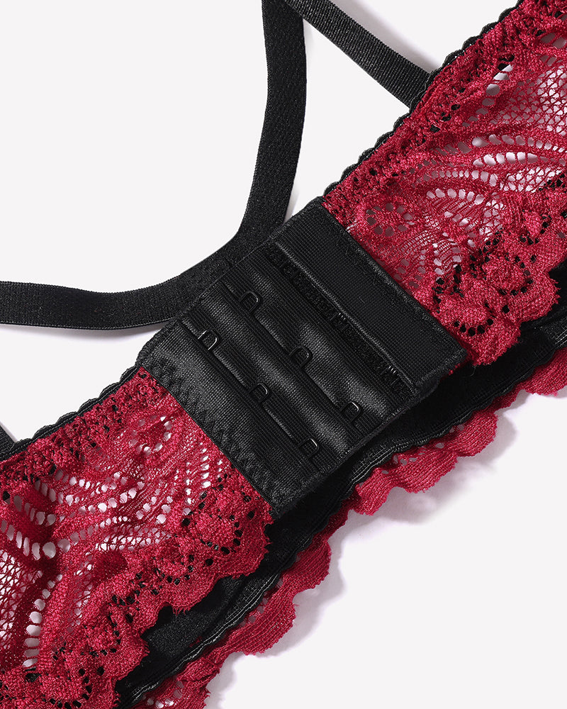 Red floral lace lingerie bra strap with black adjustable hook-and-eye band