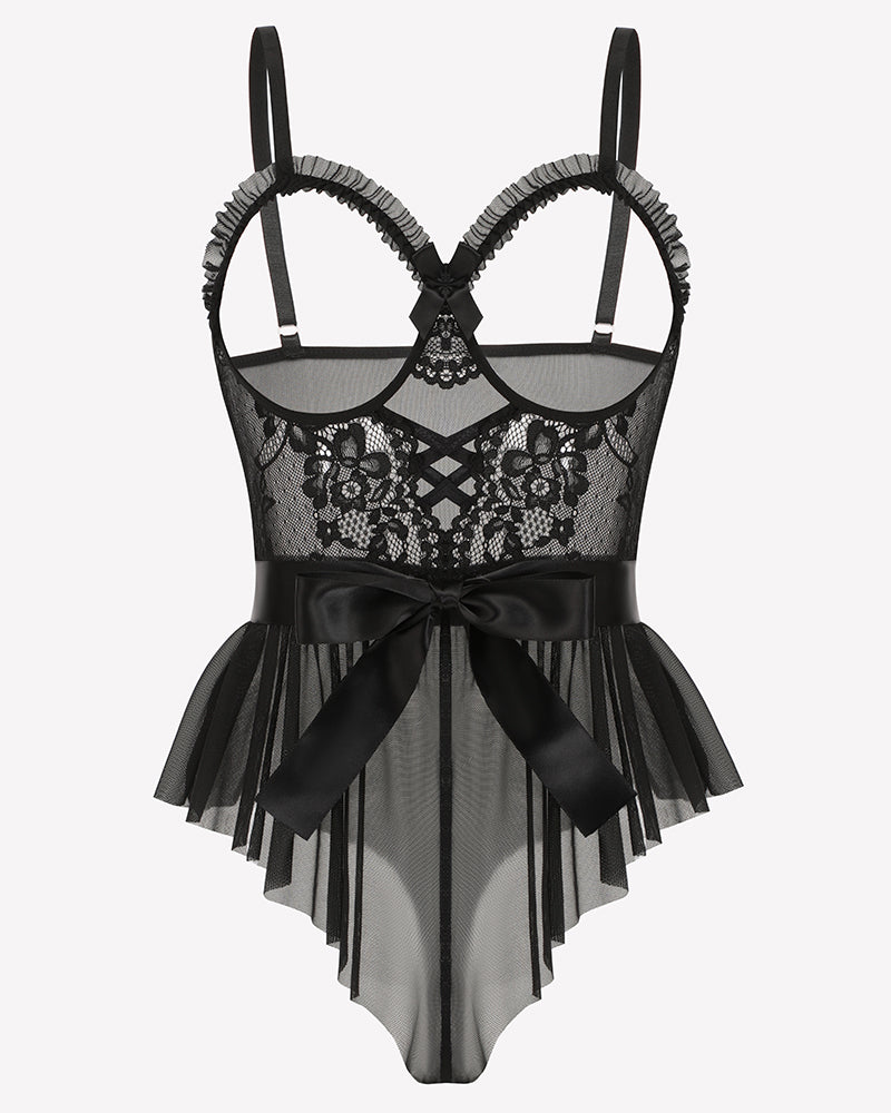 Black lace and mesh bodysuit with scalloped straps and satin bow at waist