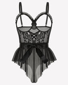 Black lace and mesh bodysuit with scalloped straps and satin bow at waist