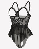 Black lace mesh bodysuit with ruffled hem and satin tie at the waist