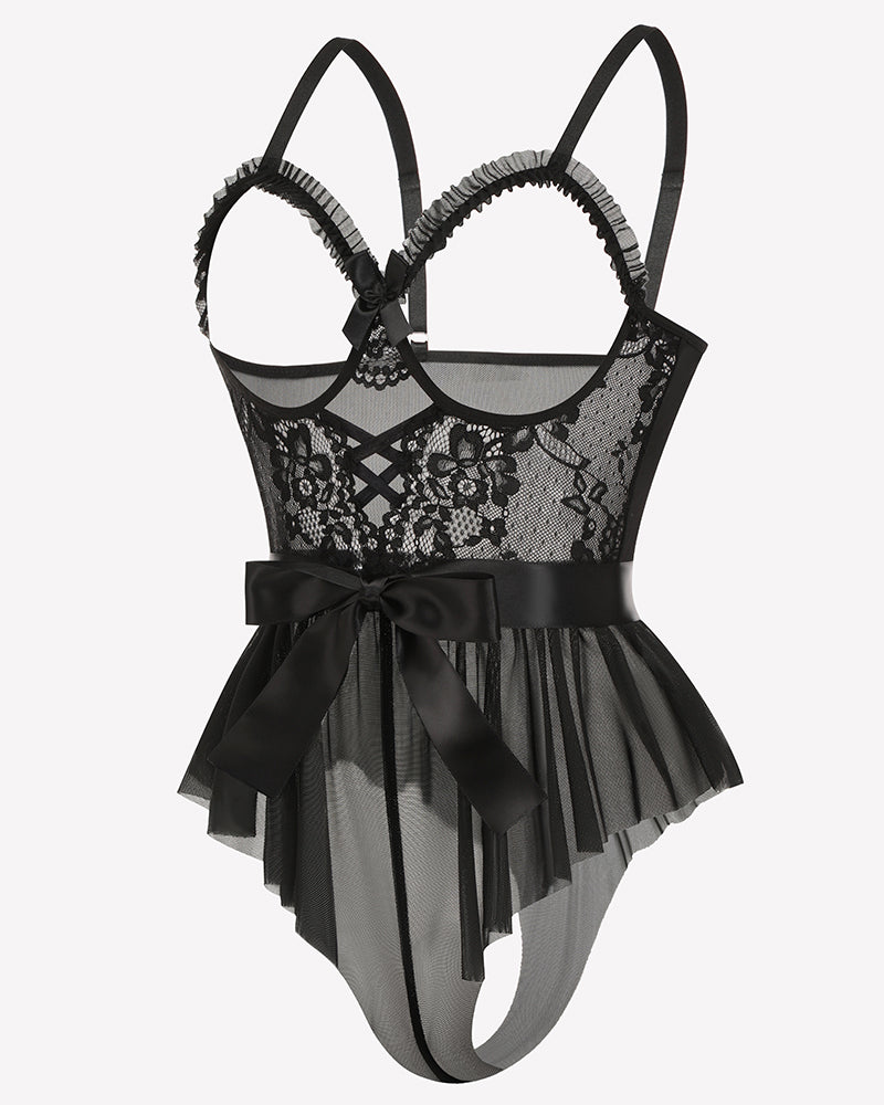 Black lace mesh bodysuit with ruffled hem and satin tie at the waist