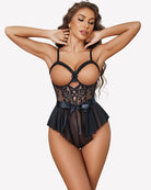 Black lace mesh bodysuit with ruffle panel and satin tie at the center front