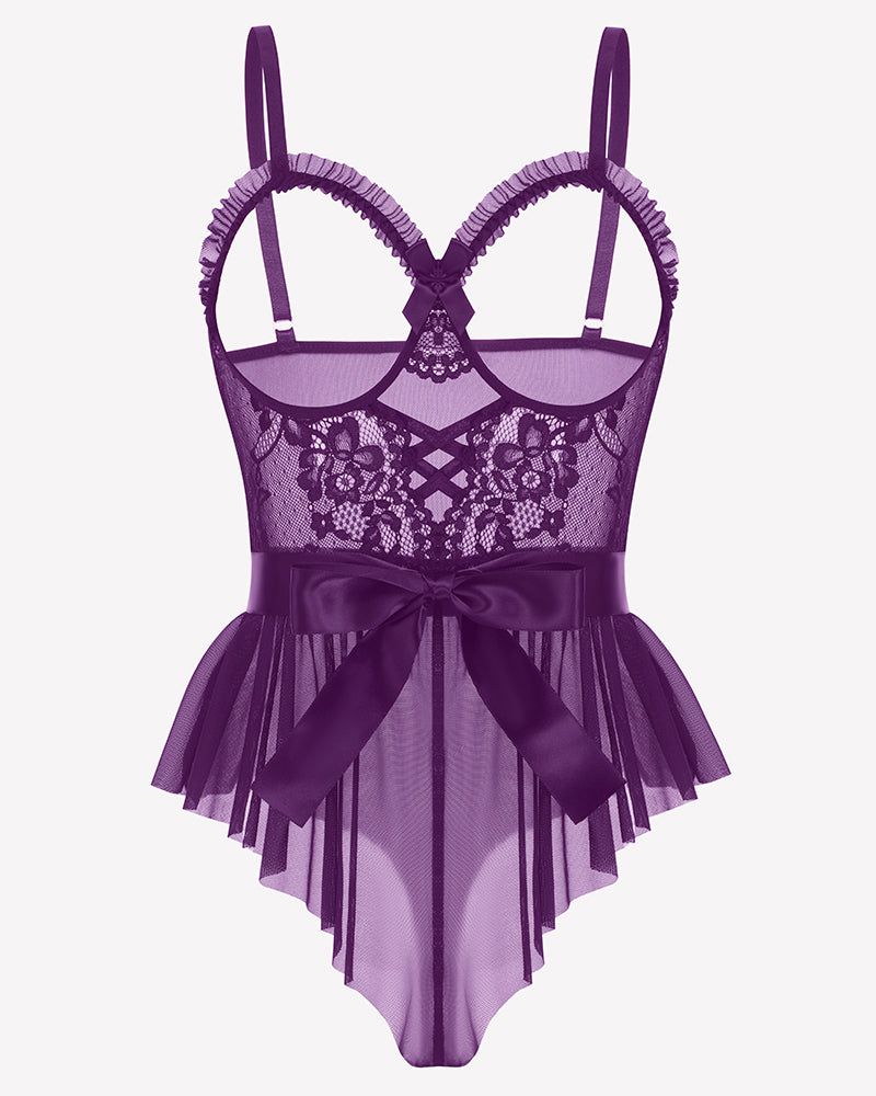 Purple lace and mesh bodysuit with scalloped straps and satin bow at waist