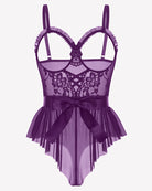 Purple lace and mesh bodysuit with scalloped straps and satin bow at waist