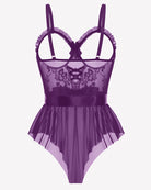 Purple lace mesh bodysuit with ruffled peplum hem and satin tie at waist