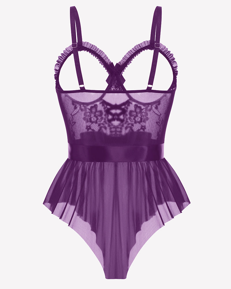 Purple lace mesh bodysuit with ruffled peplum hem and satin tie at waist