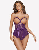 Purple lace ruffle mesh bodysuit with satin tie, underwire cups