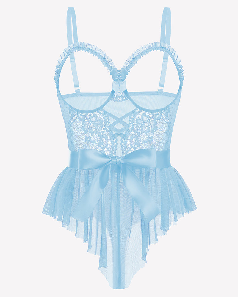 Light blue lace ruffle mesh bodysuit with satin tie, front view
