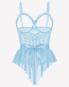 Light blue lace ruffle mesh bodysuit with satin tie, front view