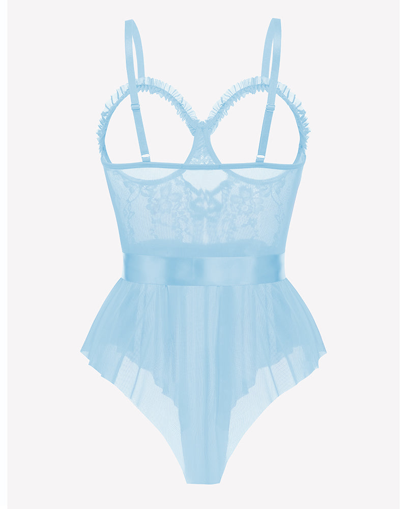 Light blue lace ruffle mesh bodysuit with satin tie, back view