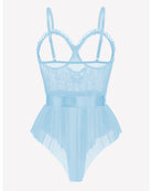 Light blue lace ruffle mesh bodysuit with satin tie, back view