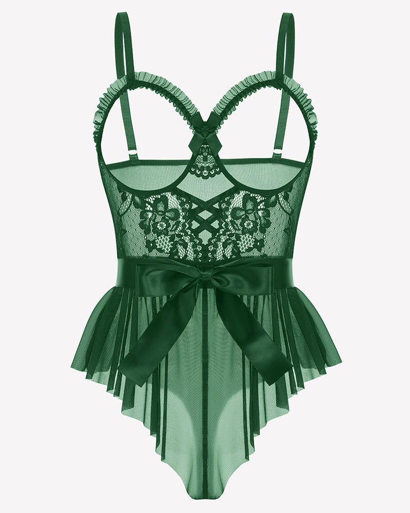 Green lace ruffle mesh bodysuit with satin tie, front view