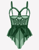 Green lace ruffle mesh bodysuit with satin tie, front view