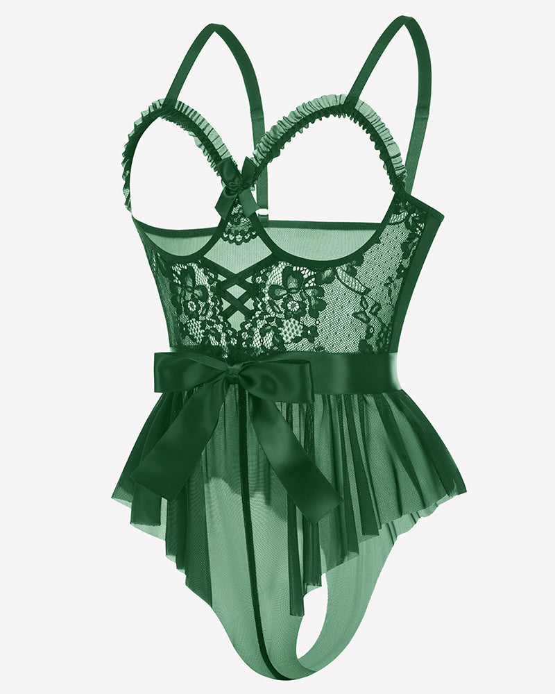 Green lace ruffle mesh bodysuit with satin tie, back view