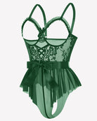 Green lace ruffle mesh bodysuit with satin tie, back view