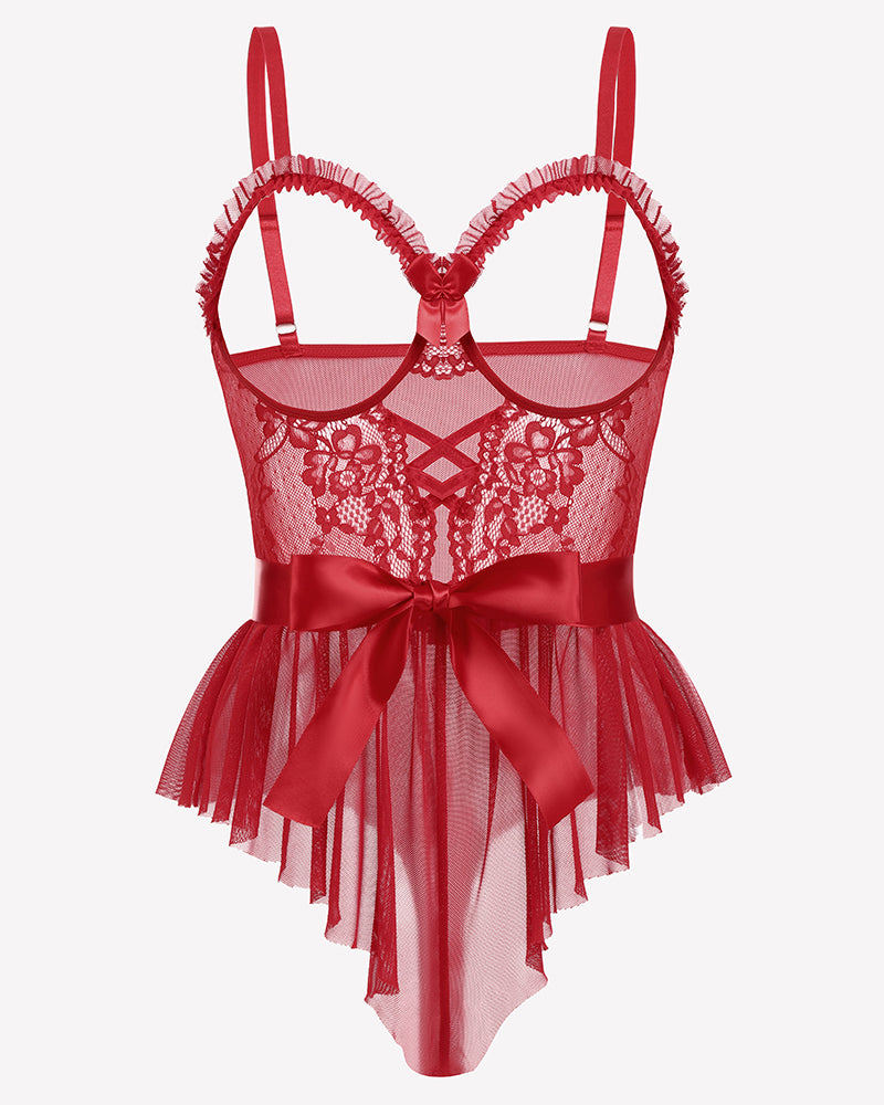 Red lace ruffle mesh bodysuit with satin tie, underwire cups, tulle skirt