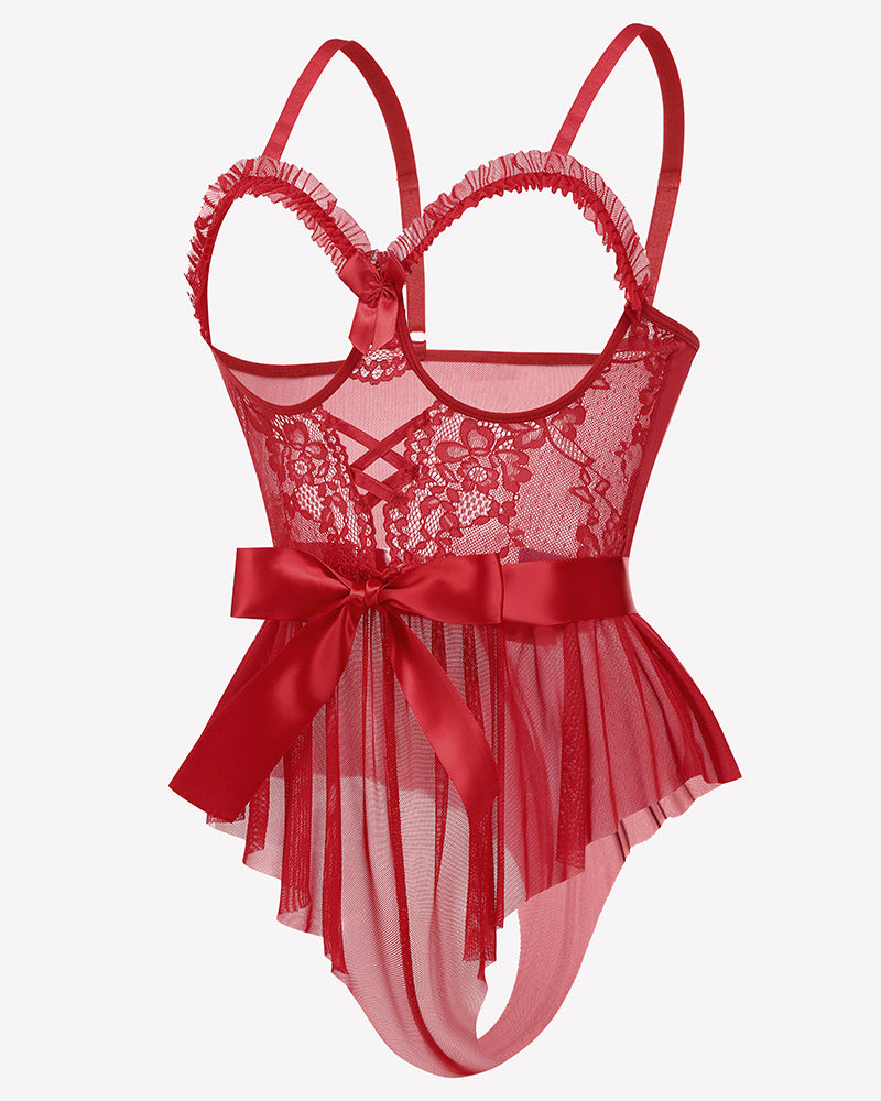 Red lace ruffle mesh bodysuit with satin tie, bow detail at waist