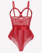 Red lace ruffle mesh bodysuit with satin tie and layered tulle ruffles