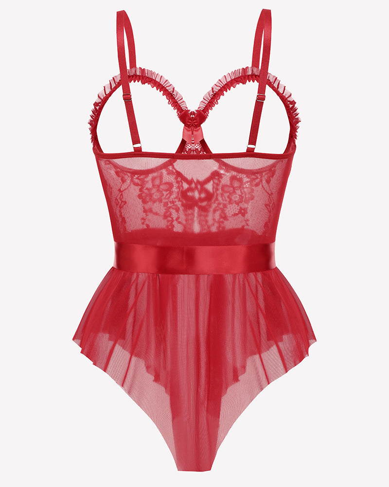 Red lace ruffle mesh bodysuit with satin tie and layered tulle ruffles