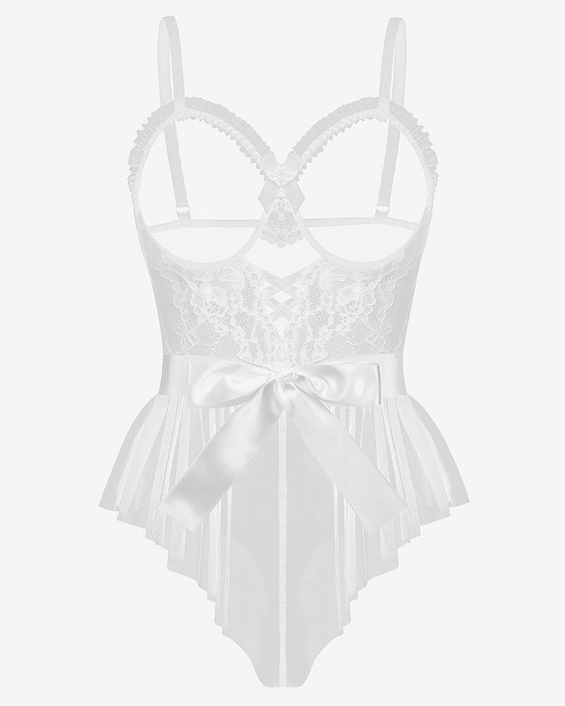 White lace ruffle mesh bodysuit with satin tie and layered tulle ruffles
