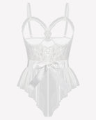 White lace ruffle mesh bodysuit with satin tie and layered tulle ruffles