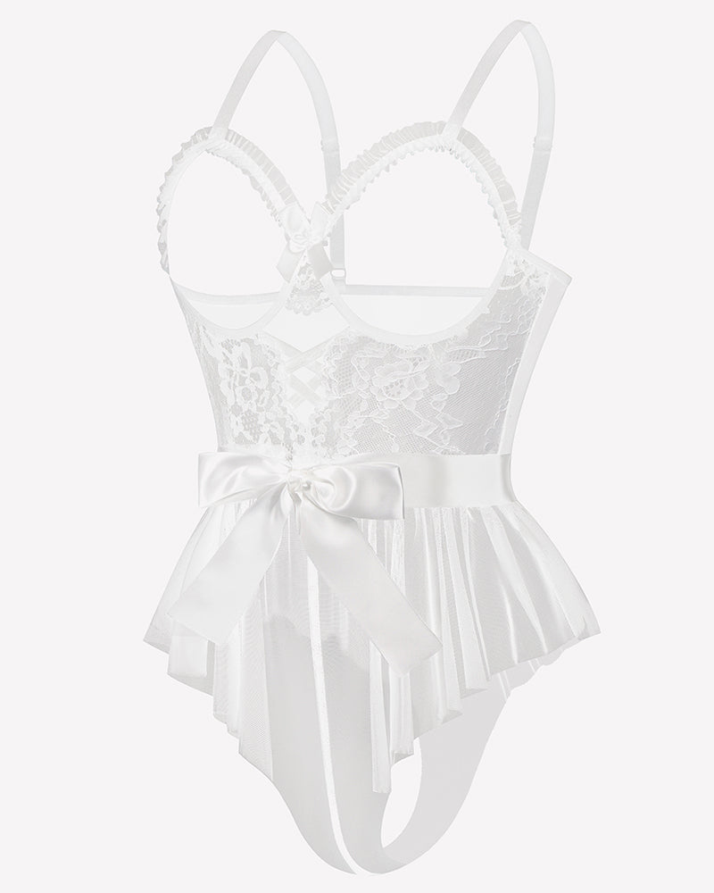 White lace ruffle mesh bodysuit with satin tie, lace cups, tulle skirt