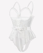 White lace ruffle mesh bodysuit with satin tie, lace cups, tulle skirt