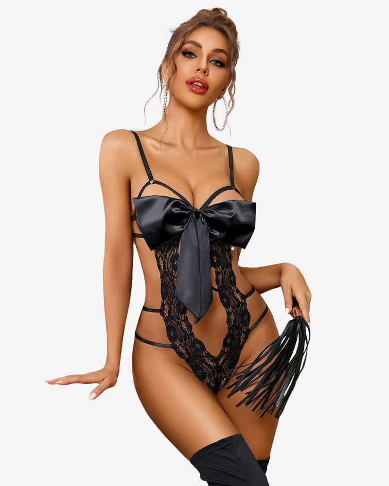 Black lace teddy bodysuit with large satin bow and lace cutout back