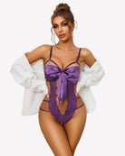 Purple lace teddy bodysuit with satin bow front and sheer lace back panel