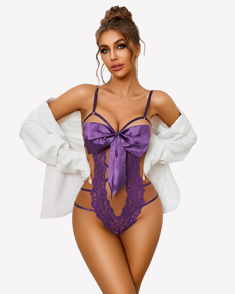 Purple lace teddy bodysuit with satin bow front and sheer lace back panel