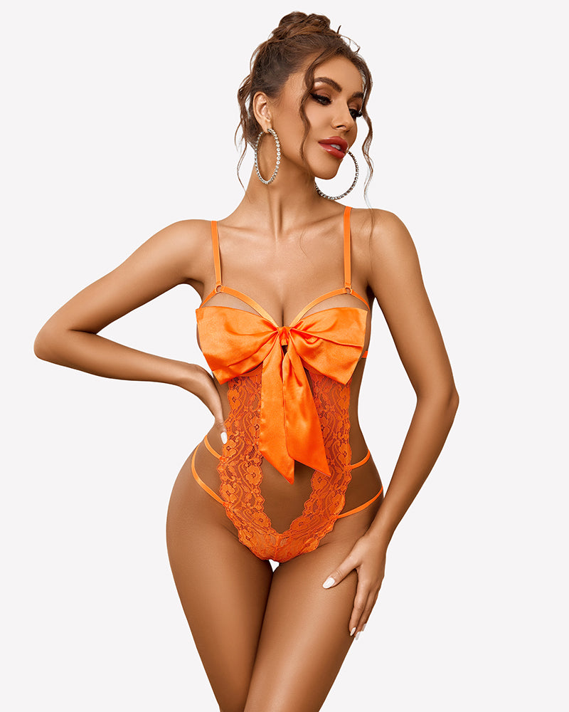 Orange lace teddy bow tie bodysuit with bow at bust and lace trim