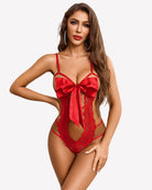 Red lace teddy bodysuit with satin bow front and lace cutout panel