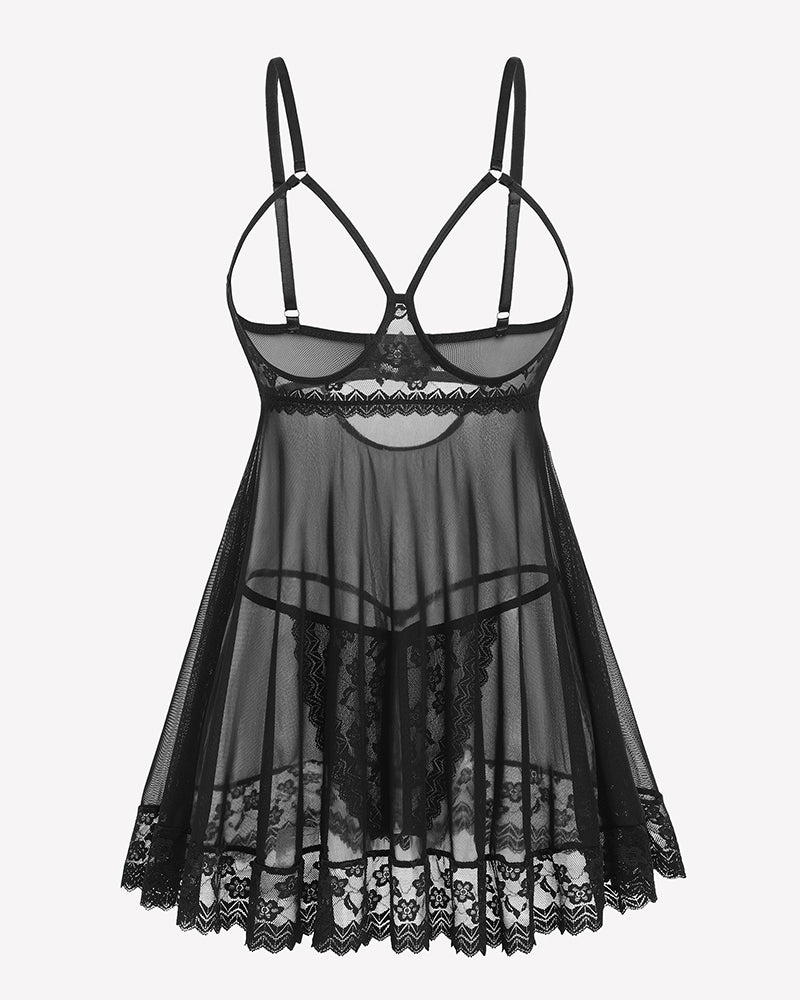 Black lace babydoll chemise with sheer mesh skirt and scalloped lace hem