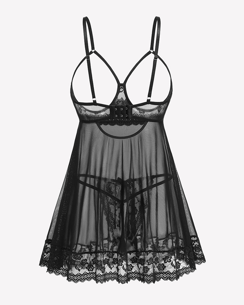 Black lace babydoll chemise with adjustable straps and scalloped lace hem