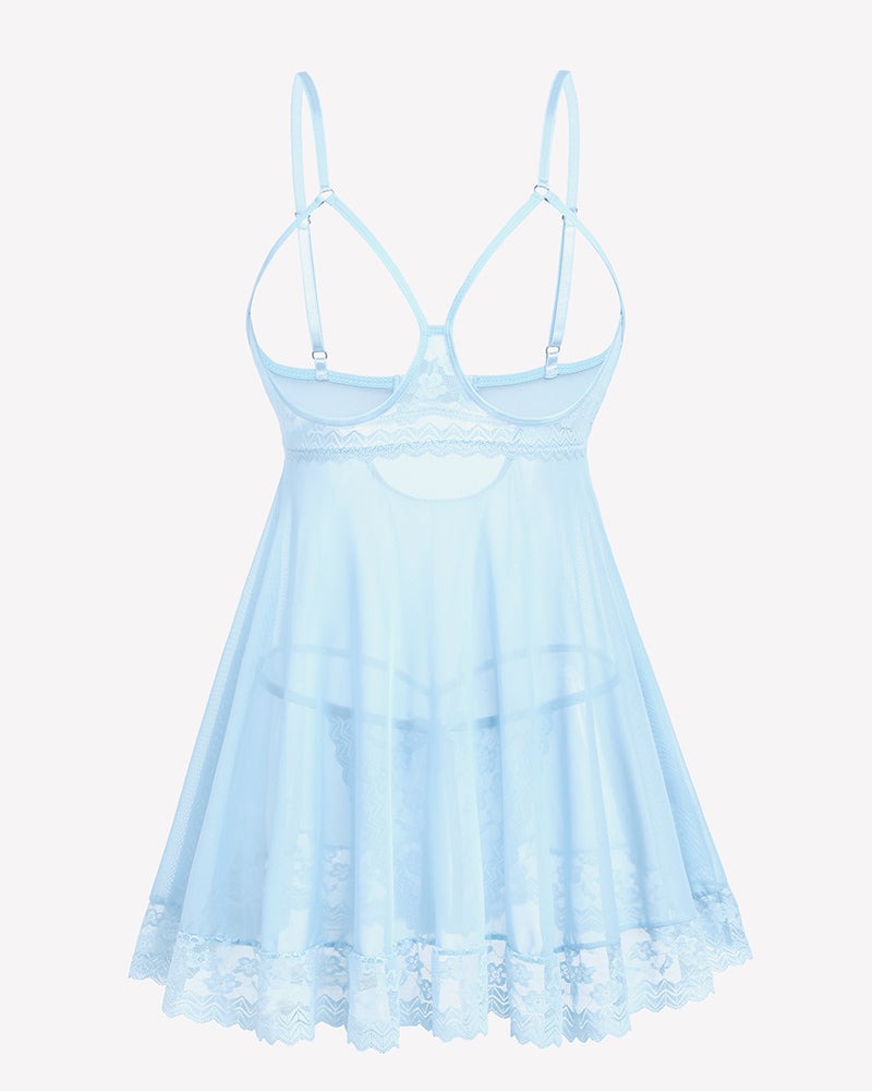 Light blue lace mesh babydoll nightdress with underwire cups and scalloped hem