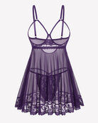 Purple lace mesh babydoll nightdress with underwire cups and scalloped lace hem