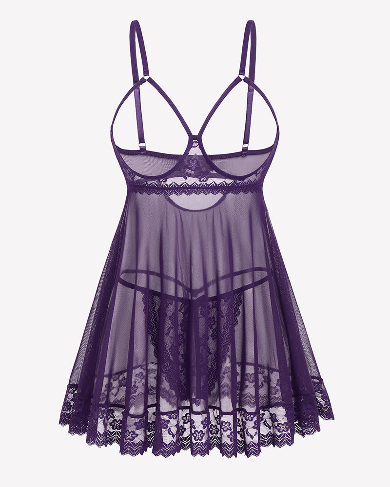Purple lace mesh babydoll nightdress with underwire cups and scalloped lace hem