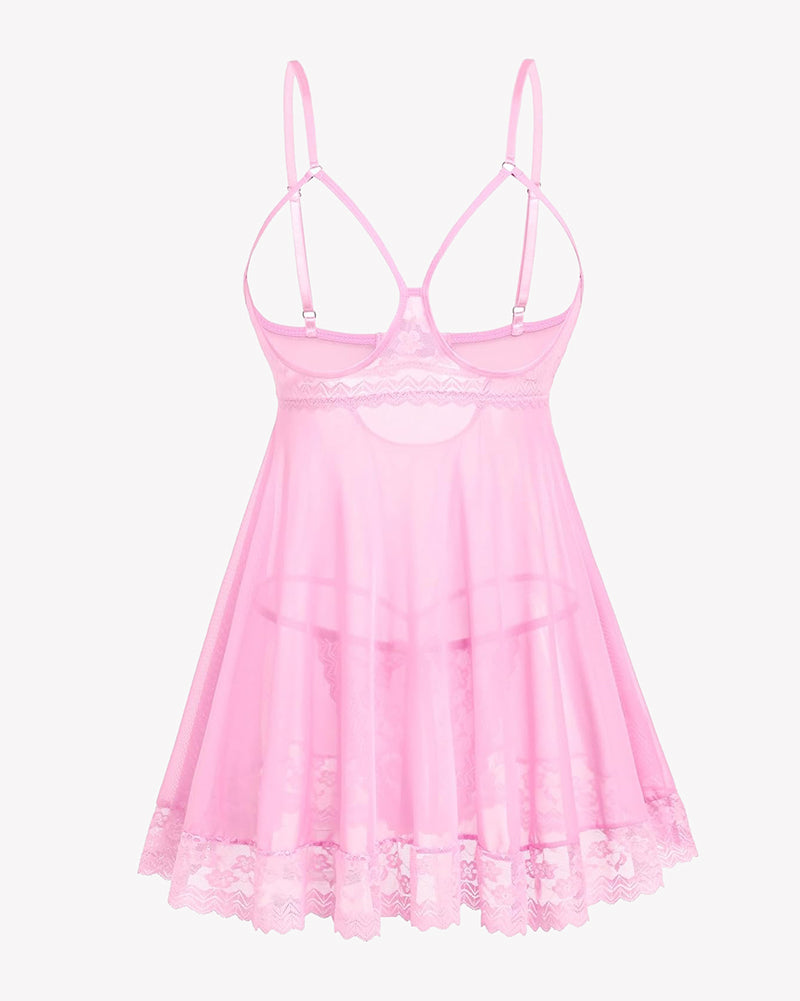 Pink lace babydoll chemise with sheer mesh skirt and scalloped lace hem
