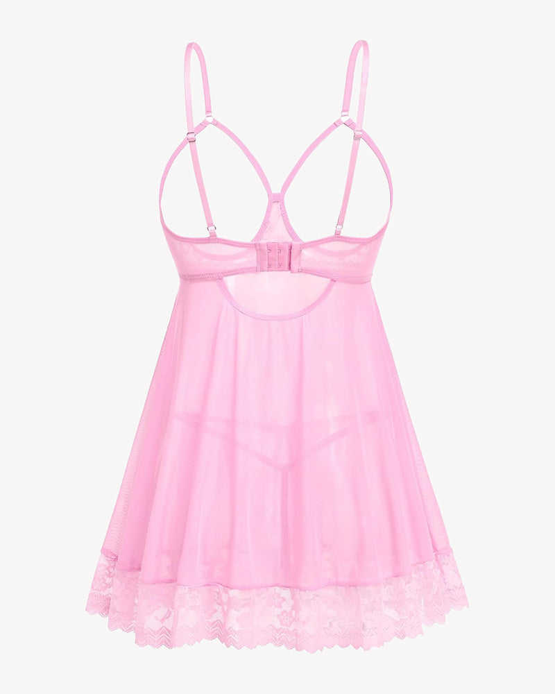 Pink lace babydoll chemise with sheer mesh skirt and lace-trim neckline