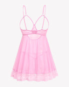 Pink lace babydoll chemise with sheer mesh skirt and lace-trim neckline