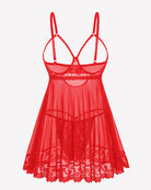 Red lace mesh babydoll nightdress with underwire cups and lace scalloped hem