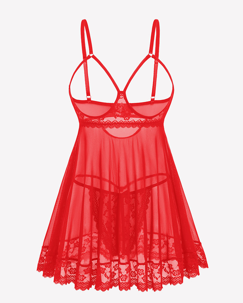 Red lace mesh babydoll nightdress with underwire cups and lace scalloped hem